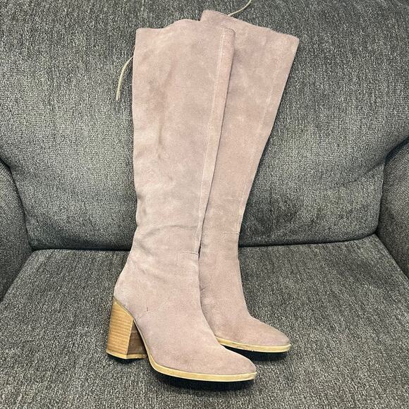 Steve Madden Sharna Boots Womens 8 Taupe Suede Knee High Lace Up Boho Chic Glam - Picture 1 of 7